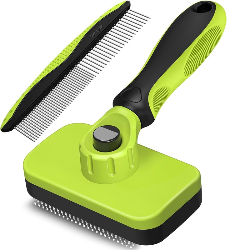 HSC 2PCS Self Cleaning Slicker Brush & Dog Comb - Skin Friendly Deshedding Grooming Tool for Dogs, Cats and Small Animals, Professional Deshedding Dematting Tool for Long and Short Haired Pets (Green) - Image 1